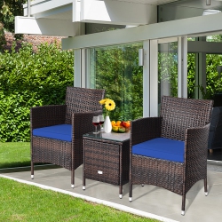 TOPBUY 3-Piece Patio Wicker Rattan Furniture Set Conversation Sofa Set With Coffee Table In Blue