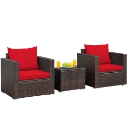 TOPBUY 3 PCs Patio Rattan Furniture Set With 2 Cushioned Sofas & Coffee Table for Outdoor Turquoise/ In Red
