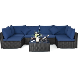 TOPBUY 7-Piece Patio Pe Rattan Sectional Sofa Furniture Set Wicker Sofa Conversation Set Navy/turquoise/red