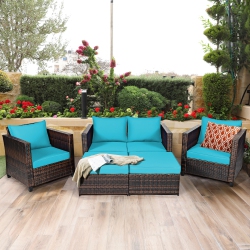 TOPBUY 5 Pieces Patio Furniture Set Sectional Wicker Sofa Conversation Set With Removable Cushions White/navy/red/turquoise