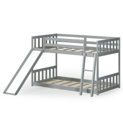 GYMAX Twin Over Twin Bunk Wooden Low Bed With Slide Ladder for Kids
