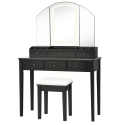 COSTWAY Vanity Table Stool Set Large Tri-Folding Lighted Mirror 6 Drawer Dresser