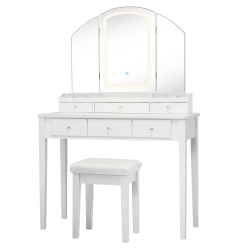 COSTWAY Vanity Table Stool Set Large Tri-Folding Lighted Mirror 6 Drawer Dresser
