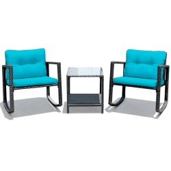 TOPBUY 3 PCs Patio Rattan Wicker Chair Table Set Wicker Rattan Furniture In Blue