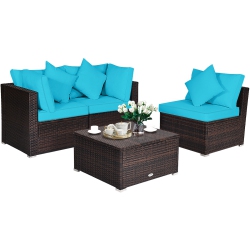 TOPBUY 4-Piece Outdoor Rattan Sofa Set Sectional Conversation Couch Ottoman Turquoise/red