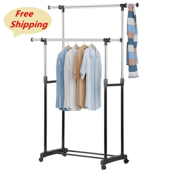 SORTWISE Double Rod Adjustable Garment Rack, Metal Rolling Clothing Clothes Rack for Hanging Clothes (Adjutabel Height And Width)