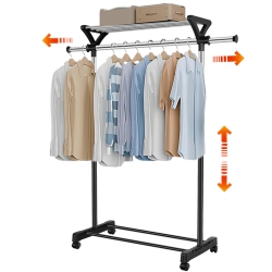 SORTWISE Mobile Adjustable Garment Rack, Rolling Clothes Rack Clothing Organizer Shelf With Top And Bottom Shelves