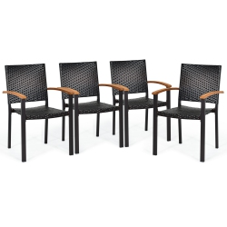 TOPBUY Patiojoy Patio Rattan Dining Armchair 4 Set Of Wicker Chair W/steel Frame Acacia Armrests Indoor&outdoor