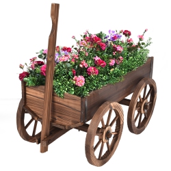 TOPBUY Outdoor Flower Planter Wood Wagon Decor Wheels