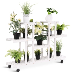 TOPBUY 4-Tier Rolling Flower Rack Wood Plant Stand 12 Pots Bonsai Display Shelf