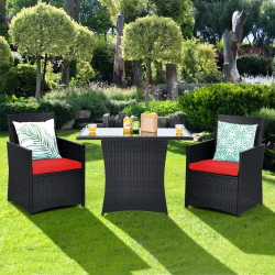 TOPBUY Patiojoy 3PCs Patio Rattan Dining Set Space-Saving Furniture Set With Tempered Glass Top Table And Cushioned Chairs