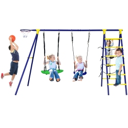 GYMAX 5-In-1 Outdoor Kids Swing Set W/ Heavy Duty Swing Frame & Ground Stakes Backyard