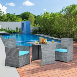 GYMAX 3PCs Outdoor Rattan Conversation Set Patio Dining Table Set W/ Cushions In Turquoise