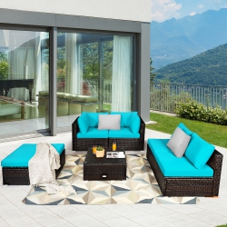 GYMAX 6PCs Rattan Patio Sectional Sofa Set Outdoor Furniture Set W/ Cushions In Turquoise