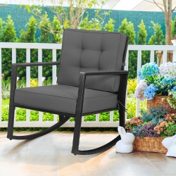GYMAX Outdoor Wicker Rocking Chair Patio Lawn Rattan Single Chair Glider W/ Cushion In Grey
