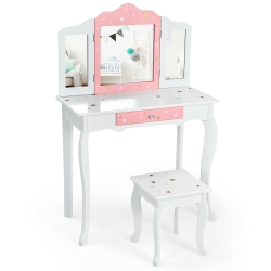GYMAX Kids Vanity Princess Makeup Dressing Table Chair Set W/ Tri-Folding Mirror