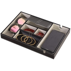 AROLLY Leatherette Valet Tray Dresser for Phone, Coins, Watches, Jewelry, Keys And Other Accessories, 6 Compartments Desk Organizer Box [] In Black