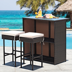 TOPBUY 3PCs Patio Wicker Rattan Bar Set Table W/2 Cushioned Stools