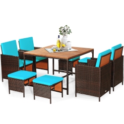 TOPBUY 9 PCs Outdoor Patio Dining Set Conversation Furniture W/ Removable Cushions In Turquoise