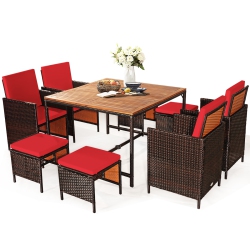 TOPBUY 9 PCs Outdoor Patio Dining Set Conversation Furniture W/ Removable Cushions In Red