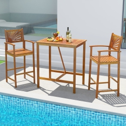 GYMAX 3 PCs Outdoor Acacia Wood Bar Set W/ Slatted Seat & Tabletop