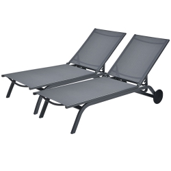 GYMAX Set Of 2 Patio Chaise Lounge Chair Aluminum Adjustable Recliner W/ Wheels In Grey