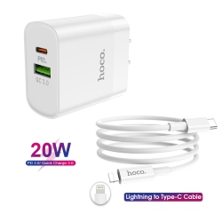 HOCO 20W Type Dual Port (USB C + USB A (Pd+Qc 3.0) Fast Charger Power Adapter & Lightning to Type-C Cable for Iphone 14 Pro Max / Iphone 14 Pro /