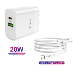 HOCO 20W Type Dual Port (USB C + USB A (Pd+Qc 3.0) Fast Wall Charger Power Adapter & Type-C to Type-C Cable