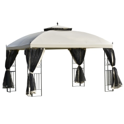 OUTSUNNY 12' X 10' Outdoor Patio Gazebo Canopy With Double Tier Roof, Removable Mesh Sidewalls, Triangular Display Shelves In Beige