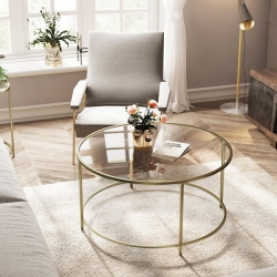 VISCOLOGIC Regal Elegant Round Glass Metal Coffee Table (Golden)