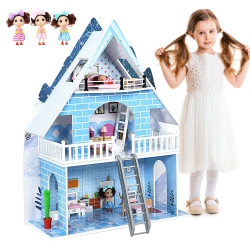 GYMAX Wooden Dollhouse 3-Story Pretend Playset W/ Furniture & Doll Gift for Age 3+ Year