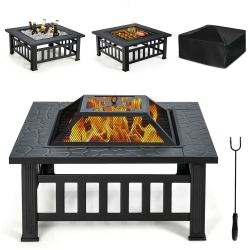 GYMAX 32" 3 In 1 Outdoor Square Fire Pit Table W/ Bbq Grill, Rain Cover for Camping