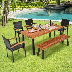 GYMAX 6PCs Patio Rattan Dining Set Chairs Stack Acacia Wood Bench Table Top