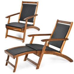 GYMAX Set Of 2 Folding Patio Acacia Wood Deck Chair Rattan Chaise Lounge Chair W/ Footrest
