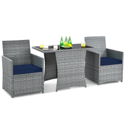 GYMAX 3PCs Outdoor Rattan Conversation Set Patio Dining Table Set W/ Cushions In Navy