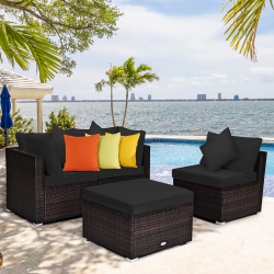 COSTWAY 4PCs Patio Rattan Wicker Furniture Set Cushioned Sofa Ottoman Garden