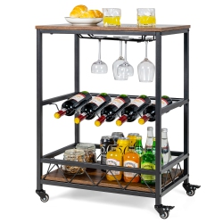 COSTWAY Kitchen Bar Cart Serving Trolley On Wheels W/ Wine Rack Glass Holder