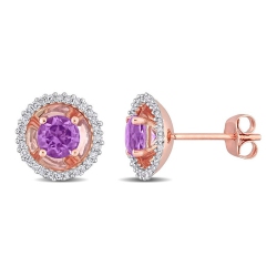 GEM AND HARMONY 4/5 Carat (Ctw) Amethyst Solitaire Halo Earrings In 14K Rose Gold With Diamonds In Pink