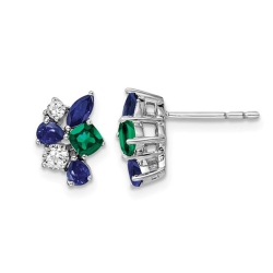 GEM AND HARMONY 9/10 Carat (Ctw) Lab-Created Sapphire And Emerald Cluster Earrings In 14K White Gold With Lab-Grown Diamonds In Blue