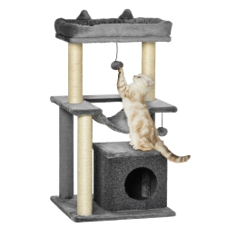 PAWHUT Cat Tree Tower Multi-Level Kitten House With Scratching Post Condo Hammock Bed Ball Toy - 19 X 19 X 35.5 Inches In Grey