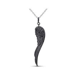 GEM AND HARMONY Diamond Wing Pendant Necklace In Sterling Silver With Chain In Black