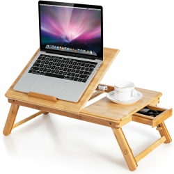 GYMAX Bamboo Laptop Desk Adjustable Folding Bed Tray W/drawer Heat Dissipation