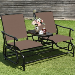 GYMAX Patio 2-Person Glider Rocking Char Loveseat Garden W/ Tempered Glass Table In Brown