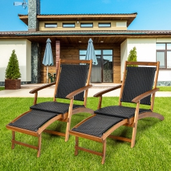 COSTWAY 2PCs Patio Folding Rattan Lounge Chair Wood Frame Retractable Footrest