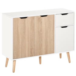 HOMCOM 35" Sideboard, Floor Standing Storage Cabinet With Drawer And Solid Wood Legs And Nature Wood In White