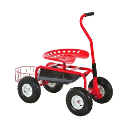 OUTSUNNY Garden Scooter, Rolling Cart With Swivel And Adjustable Seat, Tool Tray, Bucket Basket And Black In Red