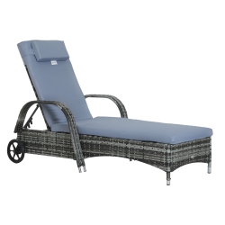 OUTSUNNY Wicker Chaise Lounge, Outdoor Lounge Chair, Pe Rattan Patio Sun Lounger \w Head-Rest, 5-Level Height Adjust Backrest, Cushion, & Wheels