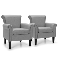 COSTWAY Set Of 2 Upholstered Fabric Accent Chairs W/ Rubber Wood Legs Dark Light In Gray
