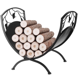 LIVINGBASICS Firewood Storage Holder Rack With Scrolls And Leaf Pattern, Heavy Duty Lumber Organizer Stand Fireplace