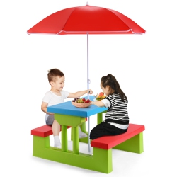 TOPBUY Kids Picnic Table Set Indoor Outdoor Toddler Table With Bench & Removable Umbrella Portable Children Play Set